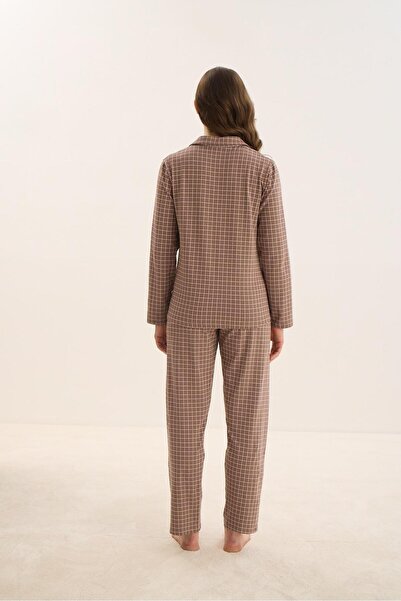 Sevim Kadın Uzun Kol Önden Düğemli Kahve Pijama Takım C5T2N0O61