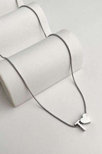 Modex Steel Heart Detailed Letter t Necklace (45Cm+5Cm)