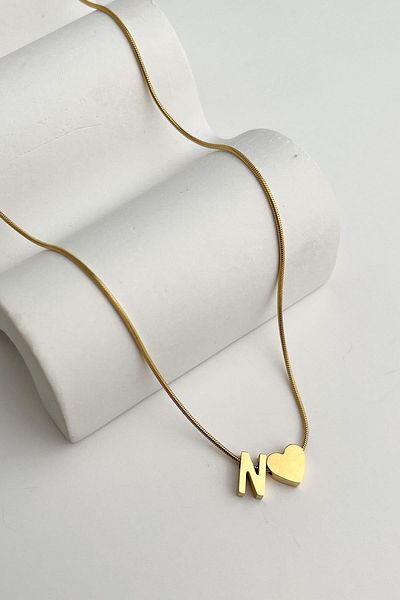 Modex Steel Heart Detailed Letter N Necklace (45Cm+5Cm)