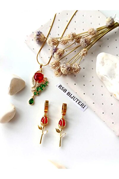 RSB Bijuteri Küpe Ve Zincir'li Kolye Gül'lü Renkli Zirkon Taşli Çelik 2'li Set-takim Hediye Paketi