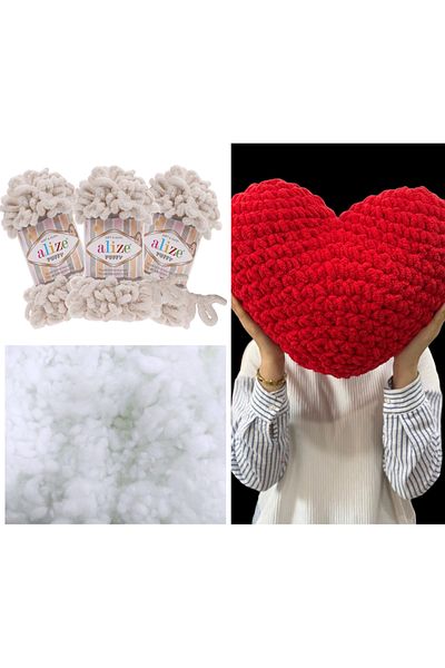 Alize 3 Puffy Beige and 400g. Bead Fiber Set - Heart Pillow Material