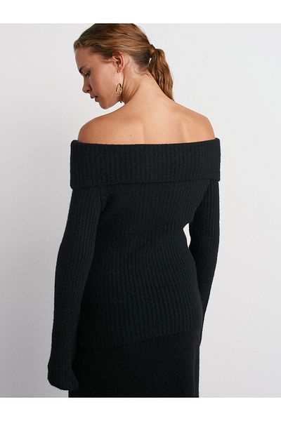 Dilvin 10649 Bardot Collar Ribbed Knitwear Sweater-Black