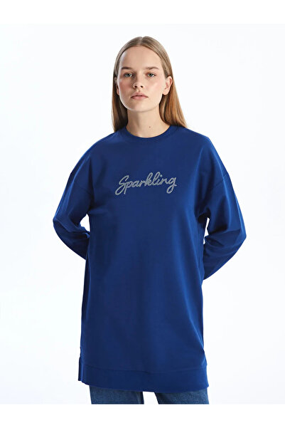 LC Waikiki Lcw Bisiklet Yaka Parlak Taş Baskılı Kadın Sweatshirt Tunik