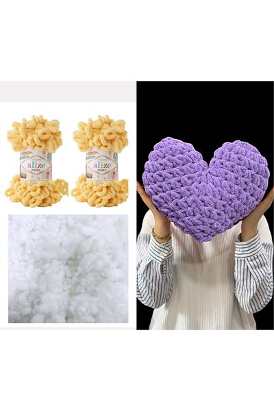 Alize 2 Puffy 509 Lemon and 200 Gr. Bead Fiber Set - Heart Pillow Material