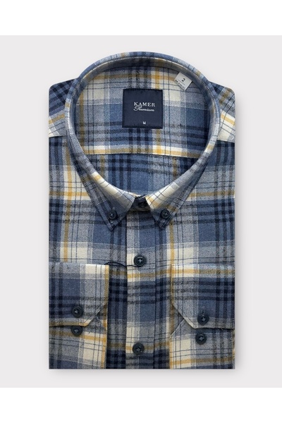 KAMER ERKEK KIŞLIK REGULAR FIT UZUN KOL DÜĞMELİ YAKA EKOSE MAVİ GÖMLEK 3783M