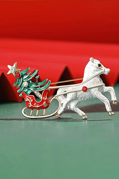 New Obsessions Yılbaşı Ağacı Taşıyan Beyaz At Kadın Broş