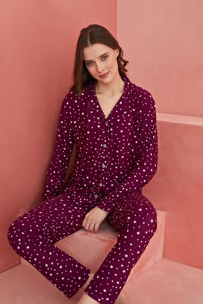 ELİTOL Set de pijamale din piele intoarsa cu nasturi frontali cu model de stele prune