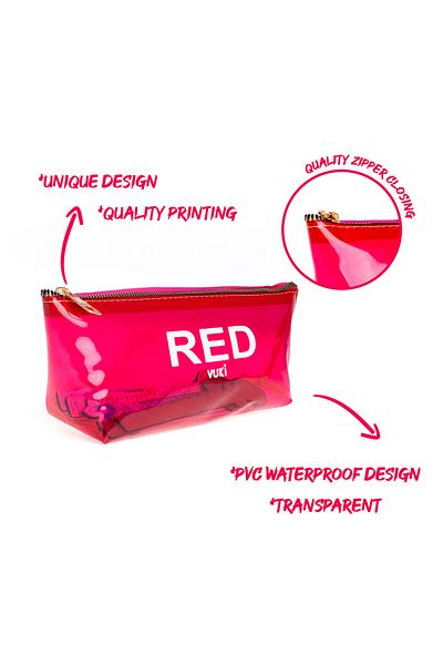 VUKİ Red Colored Transparent Zipper Pencil Case & Makeup Bag