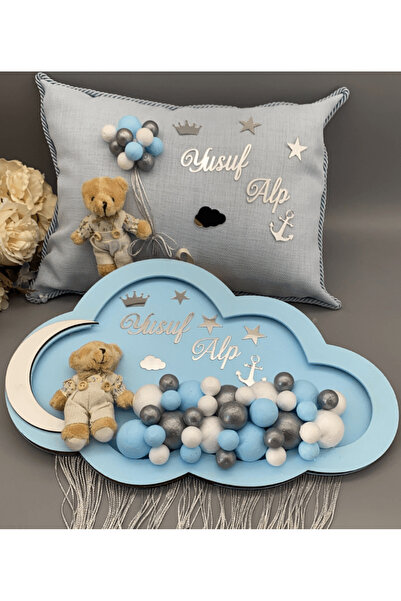 gifthomeshop Erkek Bebek Hastane Kapı Süsü ve Takı Yastığı Seti