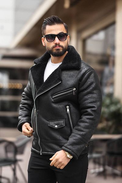 BASEL.CO Men's Premium Textured Napa Leather Full Fur Inside Biker Coat/Jacket