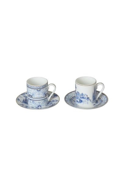 Lucky Art Florance Bone China - Blue and White Natural Baroque Patterned Set of 4 Coffee Cups Lyhd 603