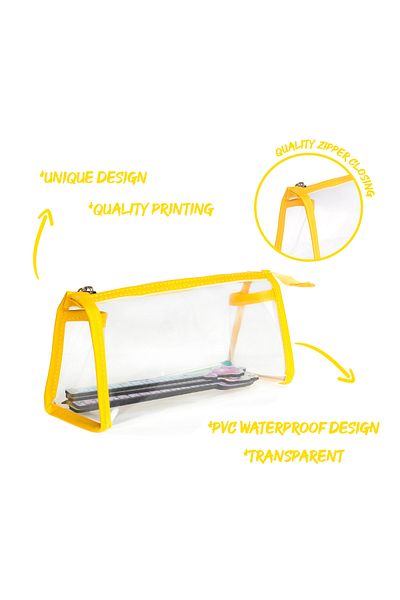 VUKİ Yellow Color Triangle Clear Leather Zipper Pencil Case & Makeup Bag