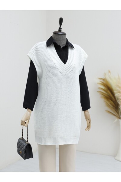 Modamorfo V-подібний комір, ребристі рукави, довгий светр з трикотажу - білий