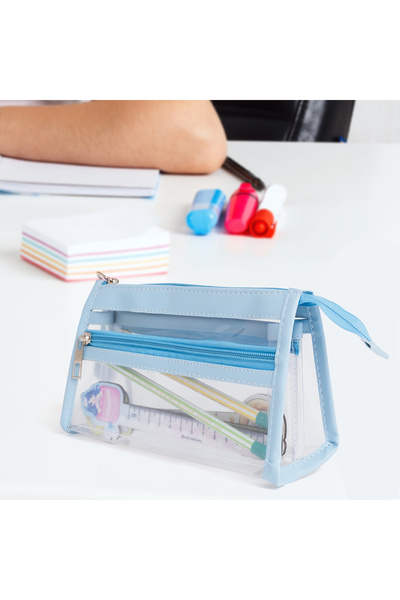 VUKİ Mavi Renkli 3 Cepli Üçgen Şeffaf Deri Kalem Kutu & Makyaj Çantası