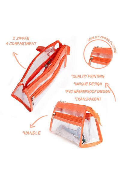 VUKİ Orange Colored 3-Pocket Triangle Clear Leather Pencil Case & Makeup Bag