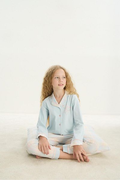 Sevim Girls Blue Pajamas Set - Long Sleeve, Shirt Neck, Front Button C3T5N7O8