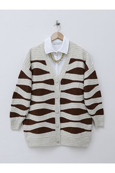 Modamorfo Wave Pattern Buttoned Soft Knitwear Cardigan - Brown