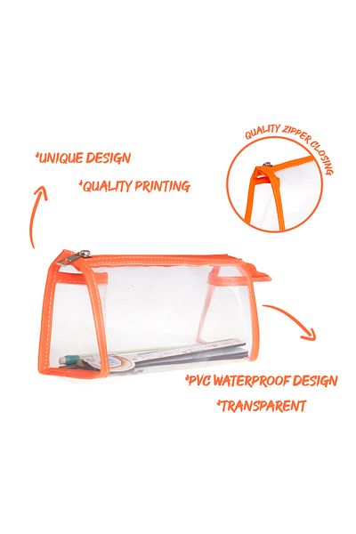 VUKİ Orange Color Triangle Clear Leather Zipper Pencil Case & Makeup Bag