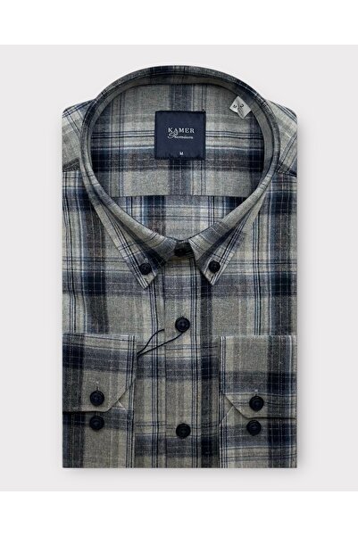 KAMER ERKEK KIŞLIK REGULAR FIT UZUN KOL DÜĞMELİ YAKA ÇİFT ÇEP EKOSE GRİ GÖMLE...