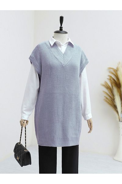 Modamorfo V-Neck Wide Ribbed Solid Brass Knitted Long Sweater -Grey