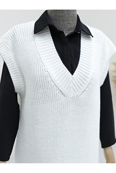 Modamorfo V-подібний комір, ребристі рукави, довгий светр з трикотажу - білий