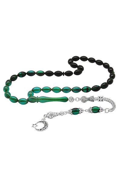 Tesbihane Ayyıldız Metal Tasseled - Barley Cut Filtered Rosary, Turquoise-Black Fire Amber