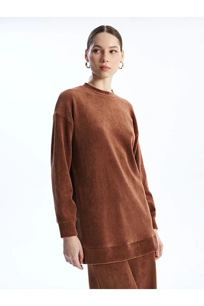 LC Waikiki Lcw Modest Brown Crew Neck Solid Long Sleeve Velvet Women's Tunic
