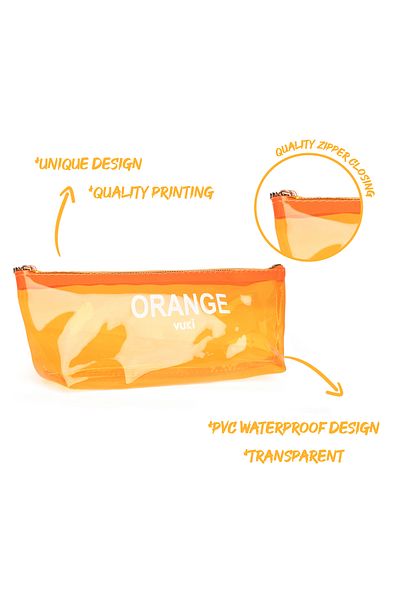 VUKİ Orange Colored Transparent Zipper Pencil Case & Makeup Bag
