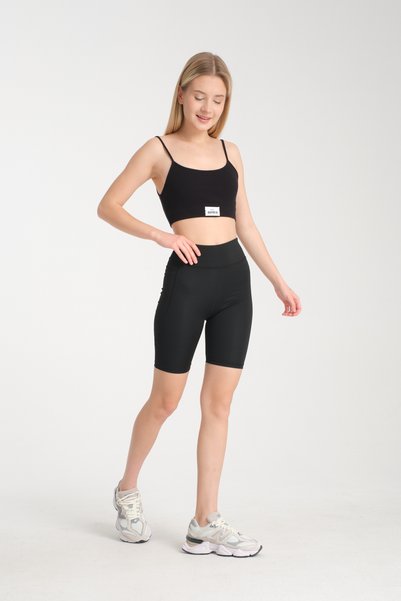 jeneric Women's Black High Waist Gathering Single Pocket Biker Shorts Short Sports Leggings