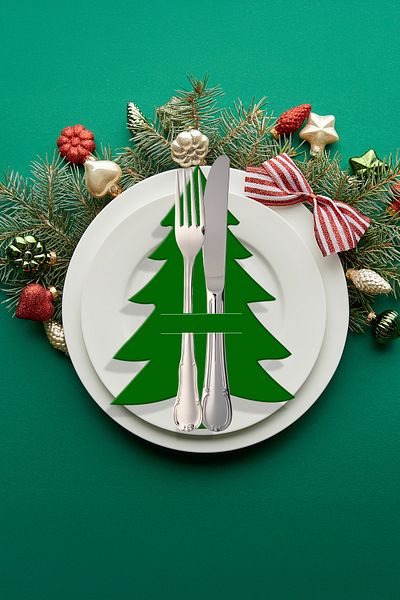 Feymoons New Year's Table Decor - 6 Pcs Green Pine Tree Spoon and Knife Napkin Holder, Depasus1050