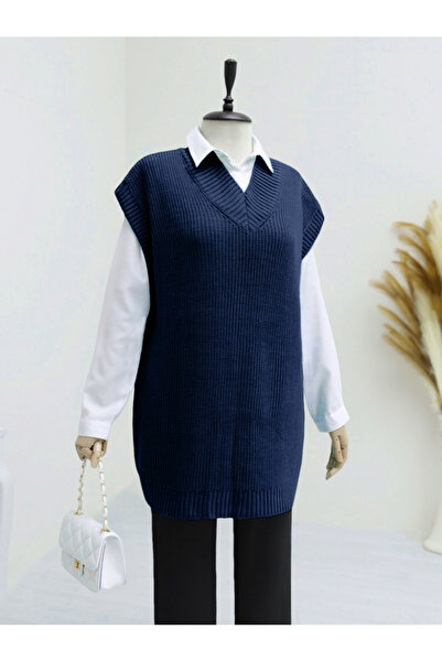 Modamorfo V-Neck Ribbed Solid Color Knitted Long Sweater - Navy