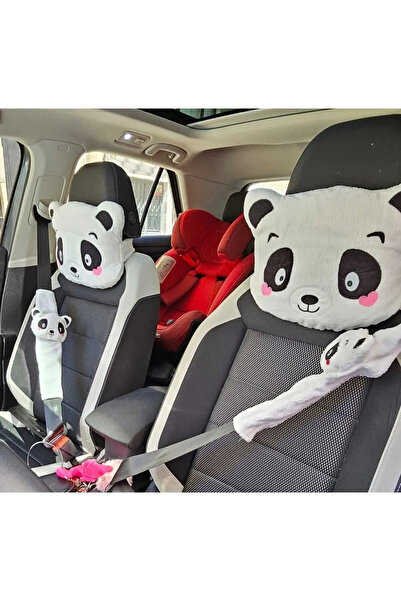 TimeStart Sevimli Panda Araba Boyun Yastigi Ve Emniyet Kemeri Aksesuarı 4 lü Set