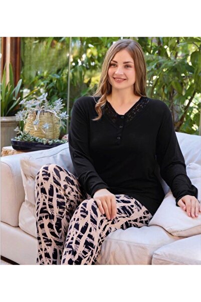 İpek Women's Long Sleeve Plus Size Lace Pajama Set