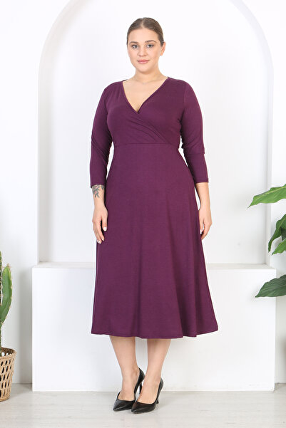 Madwilo Γυναικείο Μωβ Maxi Φόρεμα με διπλό στήθος με μανίκια τριών τετάρτων σε μέγεθος