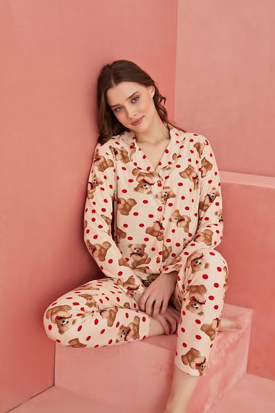 ELİTOL Salmon Bear Patterned Front Buttoned Suede Pajama Set