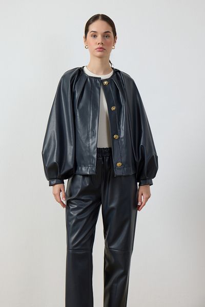 Birgül Bektaş Δερμάτινο παντελόνι Navy Blue