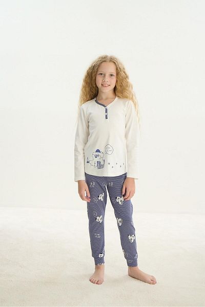 Sevim Costum de pijama ecru cu maneca lunga pentru fete C4T9N6O8