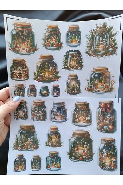 Pink Swan Craft Vintage Kavanozda Yılbaşı Süsleri Etiket Seti, Bullet Journal, Planlayıcı Stickers