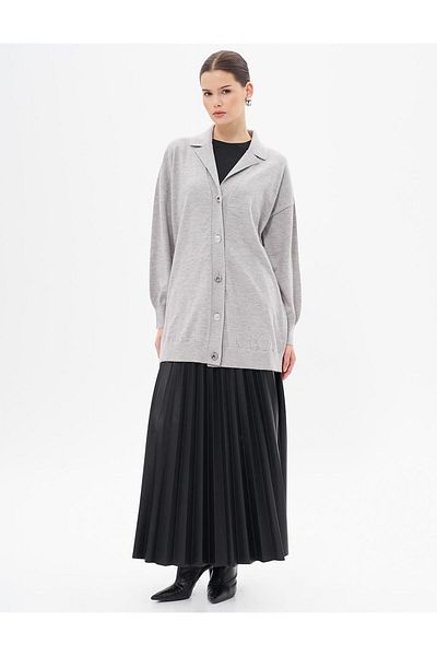 Kayra Gray Shiny Knitwear Cardigan - Buttoned