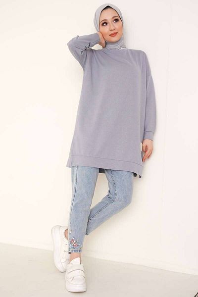 BYKUZEYARAS Gray Two Thread Seasonal Slit Hijab Sweat