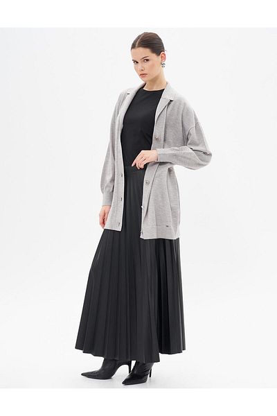 Kayra Gray Shiny Knitwear Cardigan - Buttoned