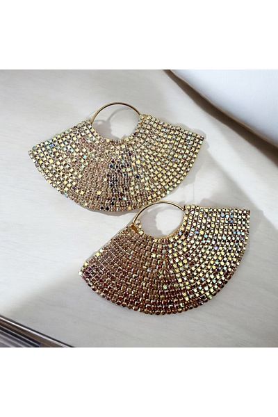 alsaccessories Women's Special Design Zircon Stone Dangle Gold Color Oval Earrings Diameter 4 cm