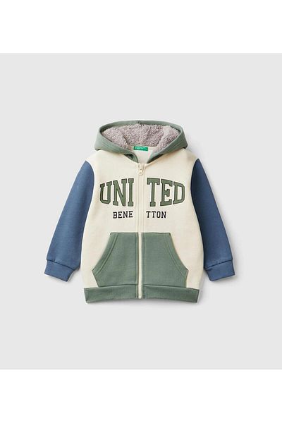 United Colors of Benetton Boy's Cream Mix Left Chest Logo Embroidered Regular Cut Hooded Sweatshirt