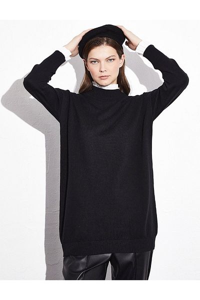 Kayra Black Pleated Sleeve Knitwear Tunic