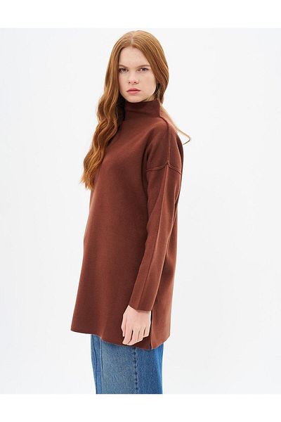 Kayra Red Brown Boat Neck Knitwear Tunic