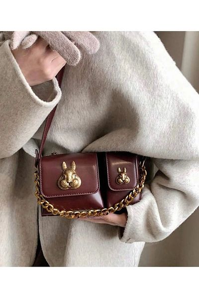 Katusa Geantă baghetă cu design detaliat pentru accesorii veveriță burgundă