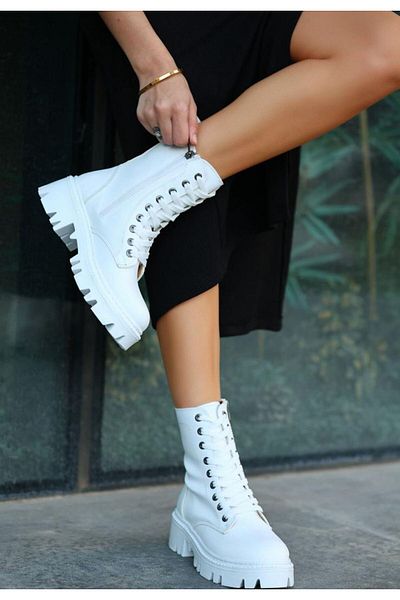 BESKAR Μπότες Flona White Skin Lace Up