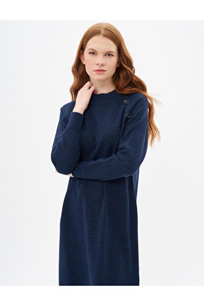 Kayra Düğmeli Yarım Balıkçı Yaka Triko Elbise Lacivert