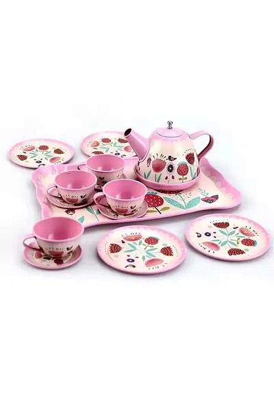NillyToys Pink Patterned Toy Metal Tea Cup Set with Teapot and Tray