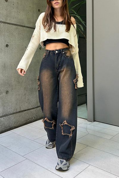 Köstebek Navy Blue Star Patched Stonewashed Vintage Baggy Jeans
